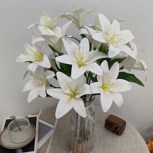 Ivory White Lilies Artificial Flowers,6 Pcs Faux Lily Flowers,23 Inch Long Stem Tiger Lily Branch with 3 Full Blooms and 4 Leaves, Latex Real Touch Lilium Flower for Wedding Bouquet - color: Ivory