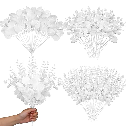 Giegxin 90 Pcs 3 Kinds Mixed Artificial Eucalyptus Leaves Stems Bulk Silver Dollar Leaves Picks Dried Eucalyptus Bundle Faux Spray for Wedding Vase Bouquet Floral Arrangement (White) - color: White