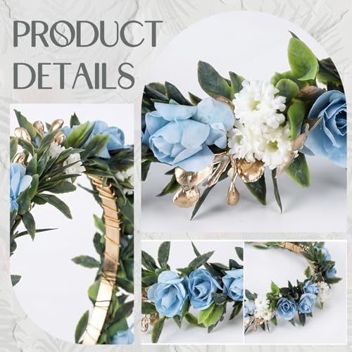 Blue Flower Crown Headband, Artificial Fairy Rose Floral Headpiece, Bridal Boho Flower Headbands for Women Maternity Birthday Wedding Renaissance Festival Party Hair Accessories - color: Blue