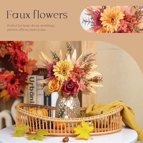 Der Rose Fall Fake Flowers in Vase Silk Artificial Flowers Arrangements with Glass Vase for Dinning Coffee Table Centerpieces Home Kitchen Farmhouse Wedding Decor (Orange) - color: Orange