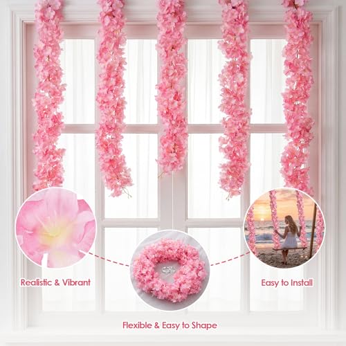 4 PCS Cherry Blossom Garland Artificial Silk Flower Vine Hanging Floral Decor for Wedding Arch Party Home Garden Wall Decoration (Pink) - size: 70in-4pcs-Pink