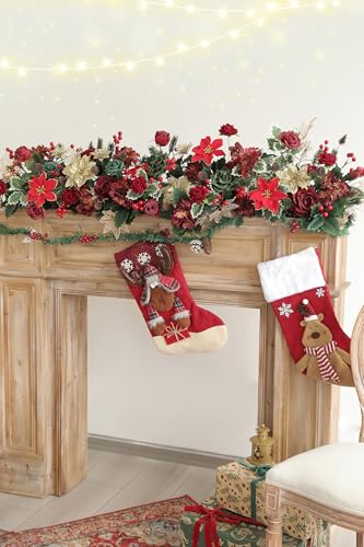 Artificial Christmas Flowers Mix Silk Flowers Fake Roses with Stems for DIY Bridal Bouquets Faux Flowers Centerpieces for Table Home Christmas Decorations - color: Chrismas Red Green