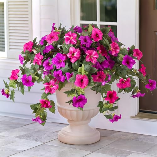 Artificial Fake Flowers for Outdoor Spring Decoration, 2PCS Faux Silk Petunias No Fade UV Resistant Flowers for Outside Garden Porch Yard Balcony Patio Realistic Indoor Decor(Fuchsia) - color: B-fuchsia Purple