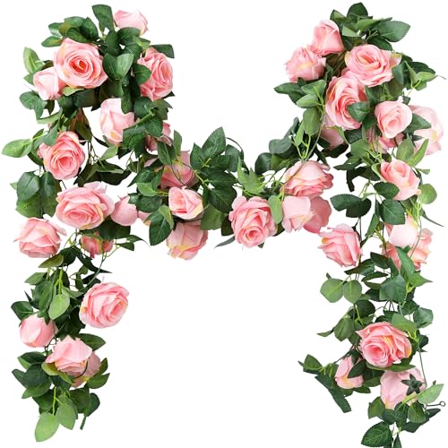 FiveSeasonStuff Amaranth Pink Artificial Rose Garlands, Four Separate Faux Flower Vines with Greenery - color: Amaranth Pink