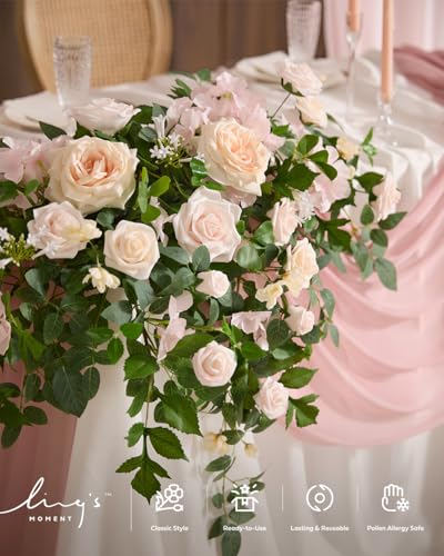 Ling's moment 2PCS Pink Artificial Floral Swags Wedding Arch Flower Garland Cream Rose Flowers Greenery for Table Backdrop Easel Wall Entryway Outdoor Board Decor - color: Pk-cream