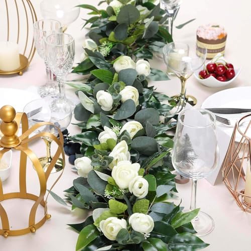 Efavormart 4ft Real Touch Eucalyptus and Willow Leaf Garland with Silk Ranunculus Flowers, Lush Faux Floral Runner for Intimate Wedding Tables and Small Mantel Decor - color: Type3