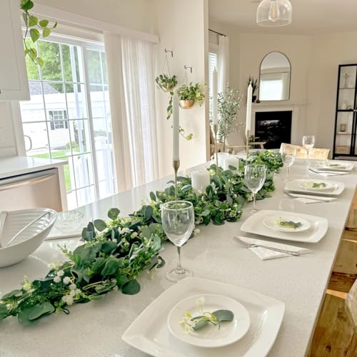 CQURE 8Pcs Eucalyptus Garland,Artificial Eucalyptus Leaves Table Greenery Garland Wreath Vines for Wedding Party Table Bedroom Wall Decor - size: 47.2 Ft with Flowers