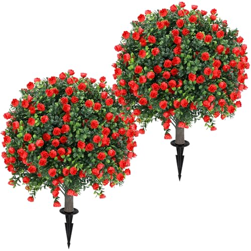 Artificial Red Rose Topiary Ball Tree 25" with Ground Spike, Set of 2 Artificial Boxwood Bushes for Faux Shrubs, Fake Evergreen Faux Plant for Indoor Outdoor Porch Garden -UV Resistant–Fade-Proof - color: Red Rose