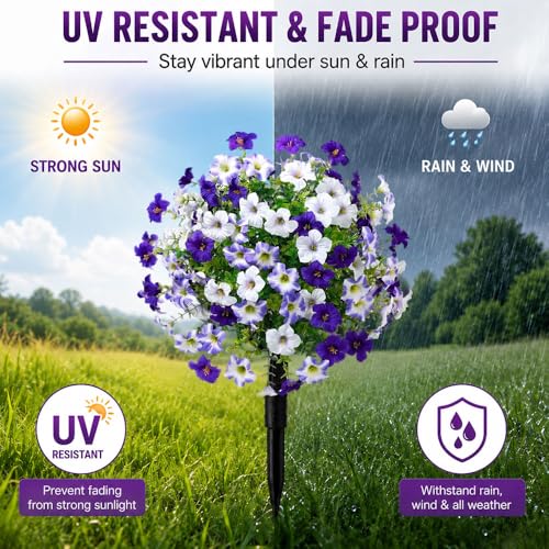 Artificial Petunias with Ground Stake - UV Resistant & Waterproof Faux Flowers for Outdoor Indoor Garden, Yard, Planter, Porch & Home Decor (Style G, 3 Pcs) - color: Style G , 3 Pcs