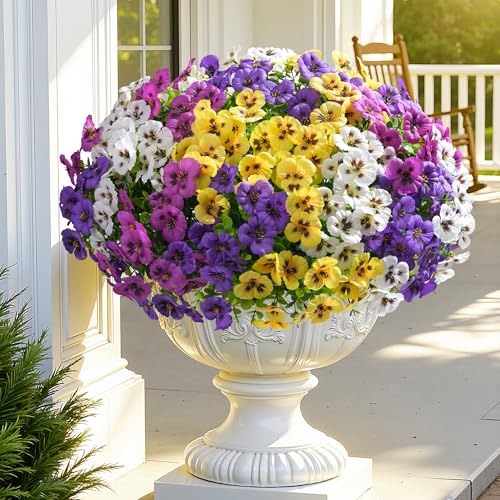 Ivydale 20PCS Artificial Fake Pansy Flowers for Outdoors Spring Sumer Decor, Faux Silk Pansies UV Resistant Plants for Front Door Porch Yard Patio Window Box Home Decor (Fuchsia Purple Yellow White) - color: Purple Yellow White Fuchsia