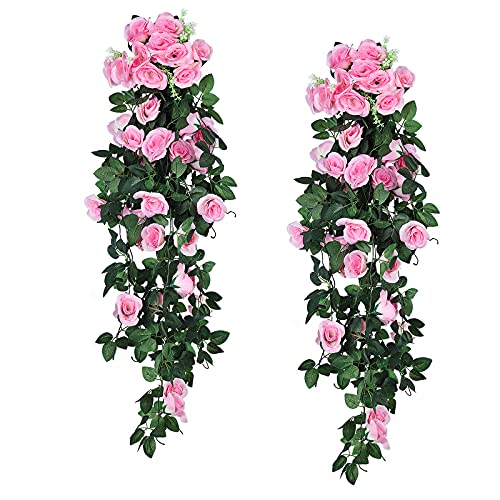 RECUTMS Artificial Pink Roses Fake Hanging Flower Plants, 2PCS 37 Inch Silk Floral Ivy Garlands for Outdoors Home Room Garden Wedding Bridal Shower Friendship Valentine’s Day Indoor Party Decoration - color: Pink, size: 2 pcs