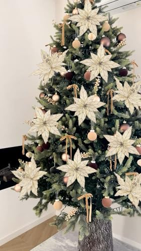 Briful 6 Pack Champagne Glitter Christmas Poinsettia Picks, 13.8'' Artificial Floral Stems with Gold Edges & Sparkle Beads, 9.8'' Blossom Holiday Flower Picks for Tree, Wreath, Table Centerpiece Decor - color: Champagne#354, size: 12'' POINSETTIA / 6PCS