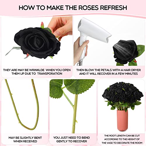Jexine 50 Pcs Artificial Rose Flower Bulk Realistic Silk Fake Roses with Long Stem Plastic Artificial Flower Bouquet Real Looking for Home Wedding Centerpieces Party Decoration(Black) - color: Black