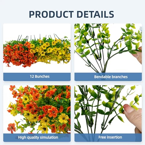 Artificial Flowers for Outdoors UV Resistant, 12 Bundles Realistic Faux Daisy with Eucalyptus Leaves Fake Plants for Porch Patio Planter Garden Decoration (Orange Yellow) - color: Orange Yellow