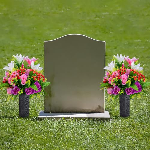Set of 2 Artificial Cemetery Flowers, Artificial Rose Lily Grave Memorial Flowers with Black Plastic Vase for Cemetery Headstones Gravesite Decoration