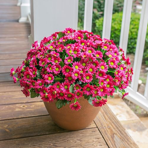 Daisy Artificial Flowers for Outdoors Decoration, 6 Bundles Fake Plants Flowers Bouquet Faux Flowers for Outdoor Planter Look Real UV Resistant Silk Flowers for Outside Garden Porch Patio, Dark Red - color: Dark Red