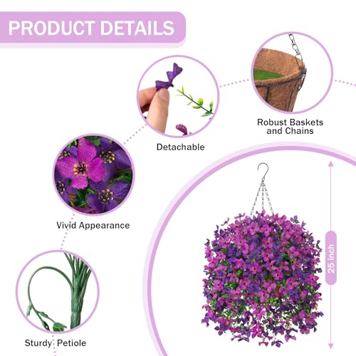 INXUGAO Artificial Hanging Flowers Plants with Basket for Outdoors, Realistic Faux Silk Daisy Flower Eucalyptus for Spring Decor, UV Resistant Fake Plants for Porch Patio Yard Balcony, Violet - color: A-violet Purple