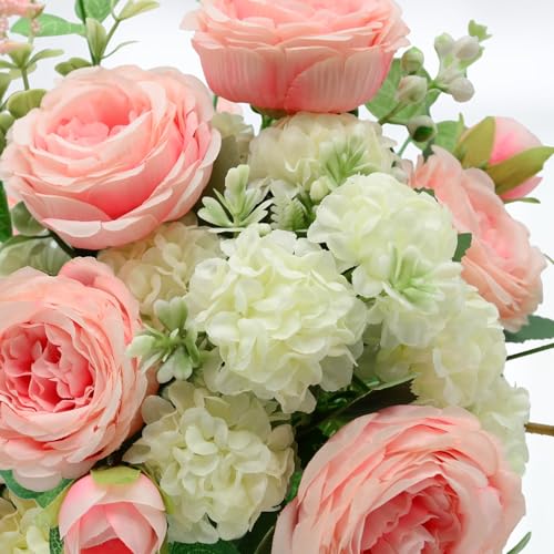 Artificial Flowers Bouquet, Pink Silk Peonies Chrysanthemum Mixed Bouquet with Eucalyptus, Artificial Roses Bouquet for Wedding Centerpieces Bridal Bouquet Mohter's Day Valentine's Day Home Decor - color: Pink