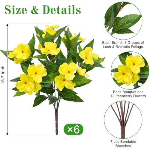 Artificial Flowers for Outdoors Decorations, 6 Bundles Realistic Impatiens Silk Faux Flowers UV Resistant Fake Plants for Outside Pot Patio Garden Porch Planters Window Box Balcony Indoor Home Decor - color: Yellow