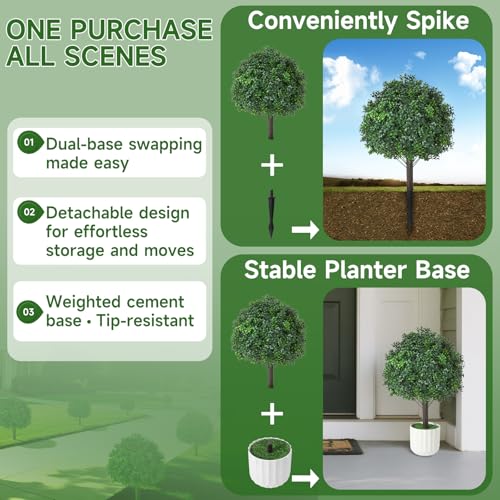 Boxwood Topiary Ball Trees Artificial Outdoor Set of 2, Dual-Base Weighted Planters/Spikes UV Resistant Fake Evergreen Bushes Plants for Front Porch Patio Garden and Door Decor - color: Boxwood Green, size: 24x16''