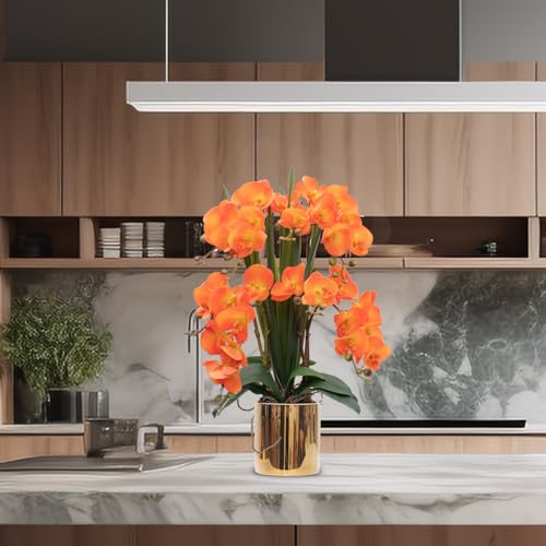 CXGS Artificial Orchid Flower Plants Real Touch Faux Orchids in Ceramic Vase 20.9'' Orange Phalaenopsis Orchid Fake Flower Arrangement Home Indoor Decor - color: Orange- Golden(12cm)