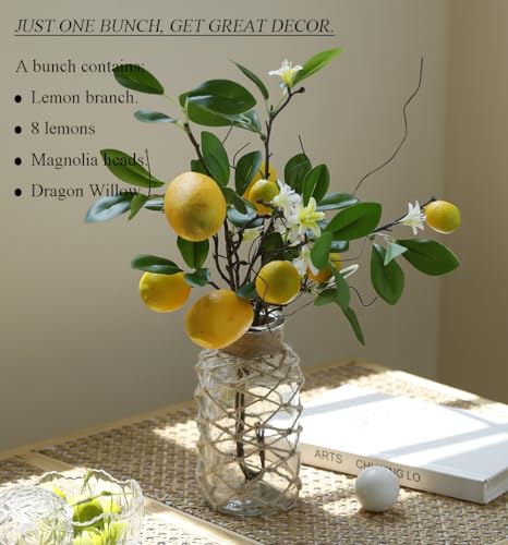 Laelfe Artificial Lemons Branches, 8 Head Faux Lemons with Stem Fake Lemon Themed for Kitchen Decoration Party Farmhouse Decor (Yellow) | Fake Lemon Stems, Summer Home Kitchen Decor, Farmhouse Party Decorations