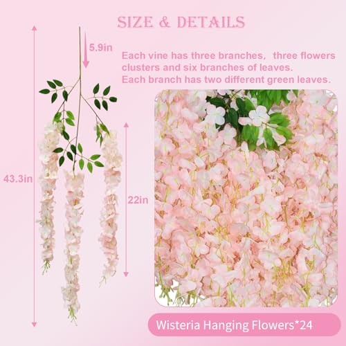 24 PCS Wisteria Hanging Flowers, 3.6ft Fake Wisteria Vines Artificial Wisteria Garland Silk Flower String for Wedding Arch Garden Party Home Ceiling Wall Backdrop Tent Decoration (Light Pink) - color: Light Pink, size: 24 Pack