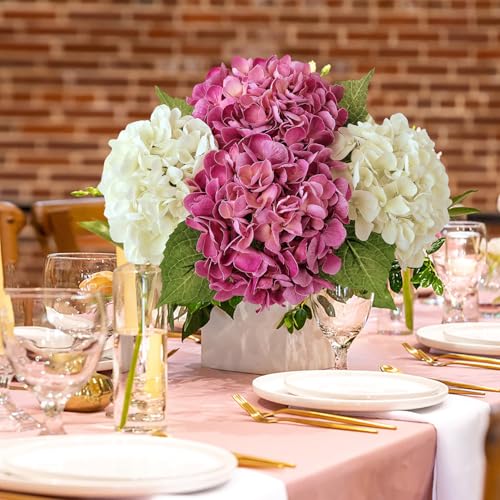 JINWOE Magenta Pink Hydrangea Artificial Flowers, 4Pcs 21” Latex Real Touch Flowers, Full Faux Silk Flowers Fake Artificial Hydrangeas with Stems for Bouquet Table Centerpieces Wedding Baby Showers - color: Magenta