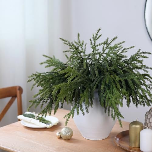 YXZZWL 16 Pcs Christmas Norfolk Pine Branches, 18 Inch Soft Textured Artificial Norfolk Pine Branch Faux Cedar Pine Stem Fake Greenery Picks for Vase DIY Garland Wreath Home Decoration