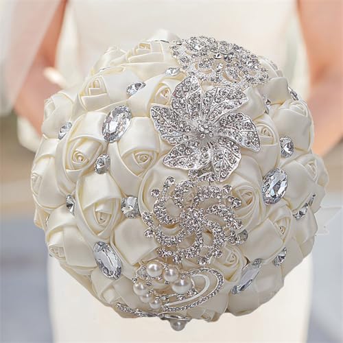 Wedding Bouquets Crystal Satin Rose Bride Bridal 7 Inch Bouquet Romantic Bridesmaid Holding Flower for Valentine's Day Confession Party Church (Creamy) - color: Creamy