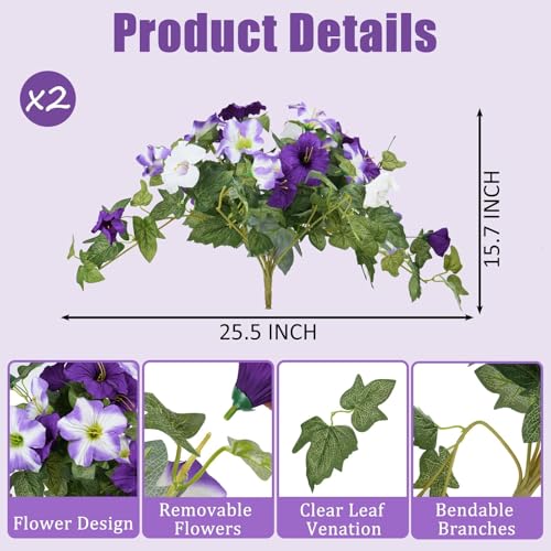 summer flower 2 Pack Faux Petunias Outdoor UV Resistant Artificial Flowers for Planters, Realistic Fake Flowers for Outdoor Decor, Porch, Hanging Baskets,Spring Home Decoration(Purple White) - color: Purple-2