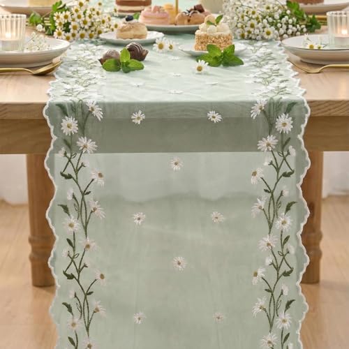Artoid Mode Daisy Floral Sage Green Shaped Gauze Embroidery Table Runner 120 Inch 10FT, Tulle Spring Summer Kitchen Dining Table Decor for Home Party - color: Sage Green