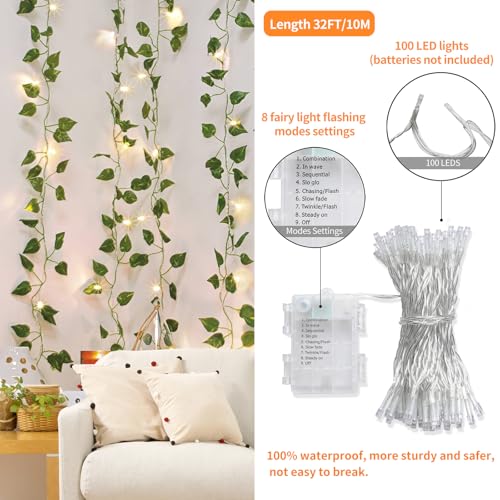 CEWOR 14 Pack 98ft Fake Ivy Vines, Artificial Ivy Garland with 100 LED String Lights, Hanging Plants Greenery Backdrop Green Leaves for Bedroom Room Wall Decor Wedding Party Table Decoration - size: E-14pcs of Vines with 100 LED lights