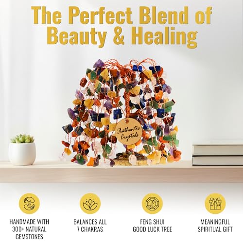 7 Chakra Tree of Life Crystal Tree, 300 Natural Gemstone Beads, Healing Crystals & Stones, Handmade Bonsai Gift for Women, Mom & Friends, Brings Money, Positivity & Good Luck, Boho Home & Office Decor - color: N4- 7 Chakra Tree Slice Base Khajuri 300 Bead