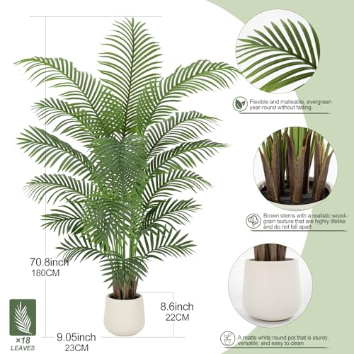 6ft Artificial Palm Tree Tall Faux Palm Tree Indoor Large Fake Plants with 18 Trunks Artificial Plants with White Pot Lifelike Leaves for Home Office Decor Living Rooms Bedrooms - color: Palm Tree 6ft