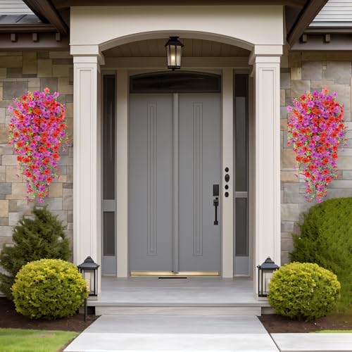 Ammyoo Artificial Hanging Flowers for Outdoors Fake Plants Decoration, 2 Packs Faux Silk Daisy Flower Realistic Outdoor Flowers UV Resistant Porch Patio Window Yard Indoor Spring Decor(Red Purple) - color: Dred Purple