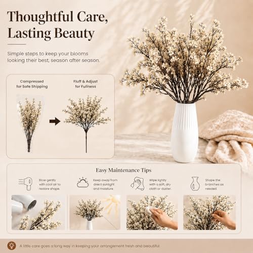 Mandy's 6 Bundles Artificial Champagne Baby’s Breath Flowers | 18.5 Inch Silk Gypsophila European Style Modern Home Decor Centerpiece Neutral Wedding Flower Arrangements - color: Champagne