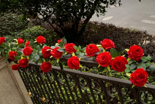 2Pcs 12Ft Bendable Artificial Flower Garland Faux Rose Vine Hanging Floral Garland for Wall Decor Trellis Fence Home Room Garden Wedding Decoration(Red, 2pcs) - color: Red, size: 2pcs