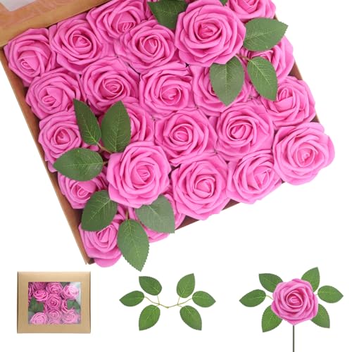 25PCS Hot Pink Realistic Roses - Artificial Latex Foam Flowers with Bendable Stems & 8PCS Leaves for Wedding, Home and Party DIY Decor - color: Hot Pink, size: 25
