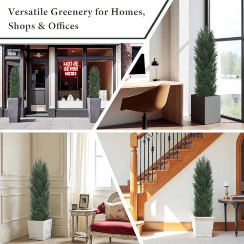 THE BLOOM TIMES 5ft Topiary Trees Artificial Outdoor Set of 2, UV Resistant Faux Cedar Pine Cypress Bushes & Shrubs, Fake Plants for Front Porch Outside Planter Patio Decor 5 Foot Tall - color: Dark Green Cedar Trees, size: 5 Foot