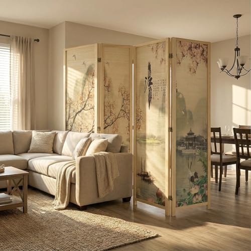 MyGift 4-Panel Folding Bamboo Room Divider Asian-Inspired Cherry Blossom Scene, 6 FT Freestanding Floral Artwork Room Partitioner with Beige Wood Frame - color: Beige (Floral), size: 4 Panel