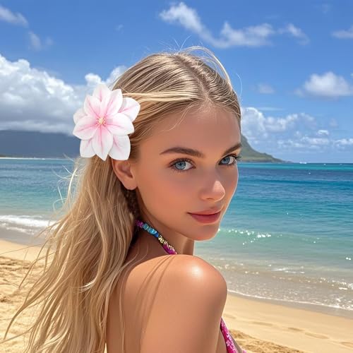 10 PCS Hawaiian Flower Hair Clips for Women Curved Edge Flower Hibiscus Hair Barrettes Hawaiian Artificial Accessories for Vacation Beach Party Boho Clips for Girls Wedding - color: White/White Powder/Pink/Yellow/Purple/Rose Pink/Blue/Red/Green/Light Oran