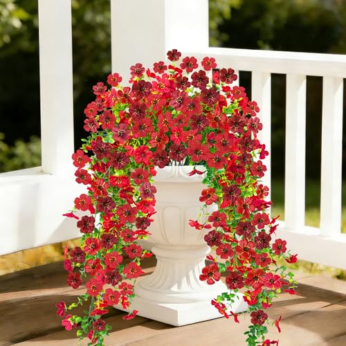 UV Resistant Artificial Hanging Flowers Outdoor Decor - 2 Pack Fake Hanging Plants with Silk Daisies for Spring Summer, No Fade Faux Flowers for Planter, Front Door, Porch, Patio, Garden, Yard - color: Brown Red