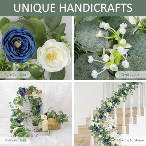TOCHGREEN 4 Pack Artificial Eucalyptus Flower Garland with White and Blue Roses, Fake Rose Flower Greenery Garland Floral Vines for Wedding Home Party Table Runner Decor (Blue White, 4PCS) - color: Blue White, size: 4PCS