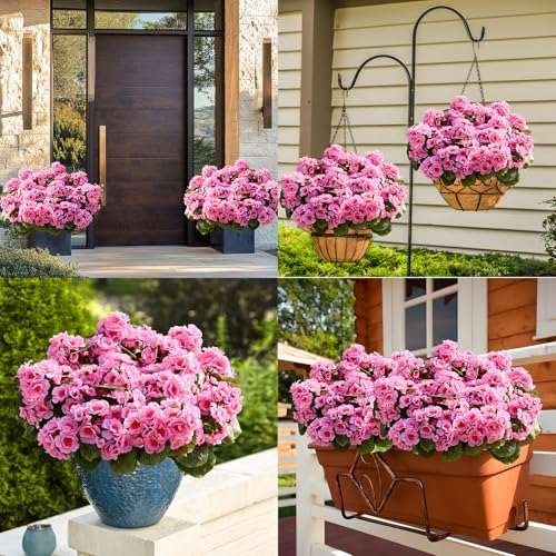 Waipfaru 6 Pcs Artificial Fake Flowers for Outdoors, Silk Geraniums Pink Flower, UV Resistant Outdoor Faux Plants for Garden Porch Planter Patio Balcony Yard Indoor Home Decoration(6, Pink) - color: Pink, size: 6 PCS