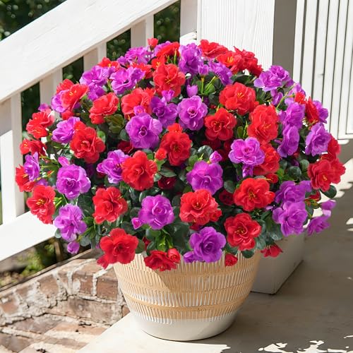 Artificial Faux Outdoor Flowers Plants for Spring Summer Decoration, Fake Silk Camellia UV Resistant Look Real for Planter Outside Front Door Porch Patio Balcony, 3 Large Bundles (Red+Fuchsia) - color: Red+fuchsia