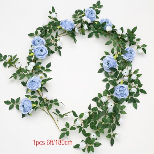2 PCS 12FT Bendable Flower Garland, Artificial Rose Vine Hanging Floral Garland Decoration for Weding Home Room Wall Decor (Blue, 2pcs) - color: Blue, size: 2pcs