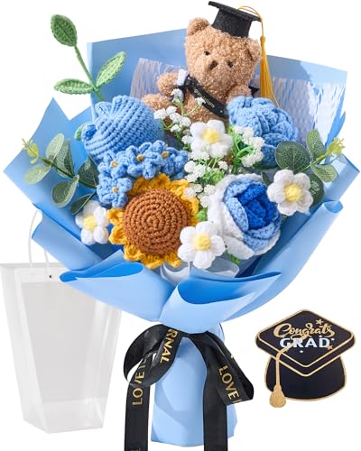 Alecono Crochet Flower Bouquet, Blue Handmade Graduation Bouquet for Class of 2026, Knitted Flowers for Friends Graduation Teacher's Day Anniversary Birthday Gifts (with Card) - color: Blue, size: Large