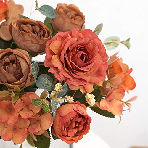 Artificial Flowers Fake Peony Silk Flowers Hydrangea Bouquet Decor Faux Camellia Flower for Home Living Room Table Centerpieces Decoration - color: Russet