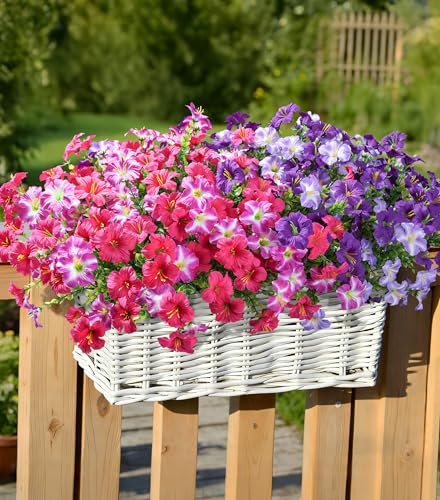 Artificial Flowers for Outdoors Fake Plants Outside Decoration, 20 Bundles Silk Petunia with Eucalyptus UV Resistant Realistic Faux Flowers for Outdoor Planters Garden Balcony Yard Porch Patio, Mix - color: 4mix(5 Purple, 5 Gradient Purple, 5 Fuchsia, 5 G
